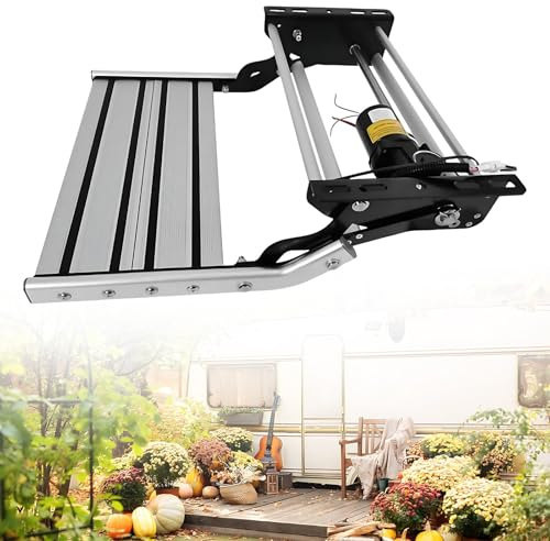 CIELOBLOEN Elektrisch Verstellbare Wohnmobil-Treppe, Automatisch Klappbare Aluminiumlegierung Trittstufe mit LED Licht, 200kg Traglast für Caravan, Campingbus, Wohnwagen SingleLayerElectric