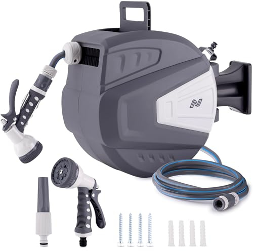 NETTA Hose Reel 40m – Wall Mounted Garden Hose Reel with Auto Rewind & 180° Swivel - Retractable Garden Hose Pipe with 9-Function Spray Gun - Heavy Duty Hose Pipe & 3/4 BSP Fittings