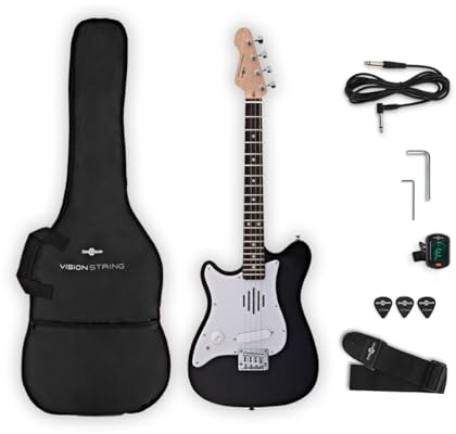 VISIONSTRING 4-Saitige Mini E-Gitarre für Linkshänder – Kindergitarre 1/2-Größe mit Eingebautem Lautsprecher – Schwarz