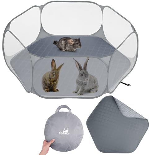 Pawaboo Parc pour Petits Animaux avec Coussin, Cage pour Petits Animaux Imperméable avec Coussin Réutilisable, Clôture De Cour Extérieure Portable pour Poussin/Chiot/Cochon d'Inde, Gris+Gris