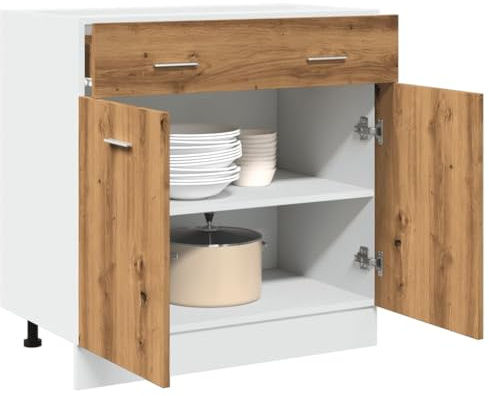QZZCED Lyon niedrige Schublade aus handgefertigter Eiche, Maße 80 x 46 x 81,5 cm, hergestellt aus robustem technischem Holz für die Küche, mit 1 Schublade und 2 geräumigen Aufbewahrungsfächern,