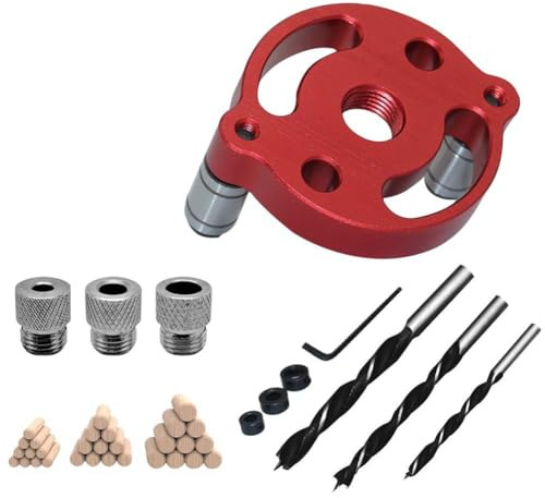 MoSundi Kit de localizador de brocas de aluminio para carpintería con mangas y puntas de precisión de 6 mm, 8 mm, 10 mm, incluye 30 tacos redondos de madera para fabricación de muebles