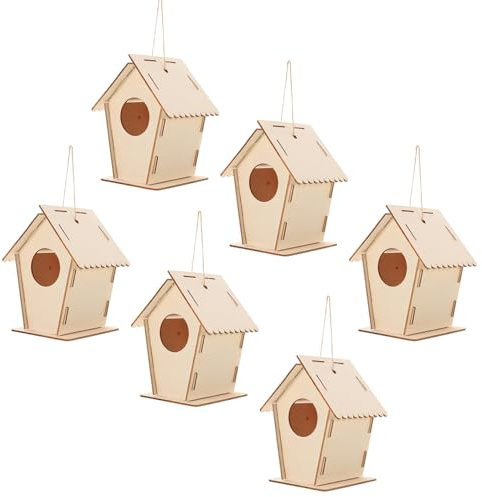 TOBBOMEY Kit Casette per Uccelli in Legno da Costruire e Dipingere Set 6 Pezzi con Spago per Appendere Progetto Creativo per per Giardino Balcone e Decorazioni Esterne