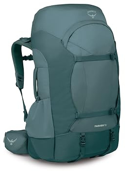 Osprey Fairview Trek 55L Damen-Reiserucksack – Hybrid-Rucksack & Reisetasche mit interner Organisation, Cascade Blue-Torrent Blue