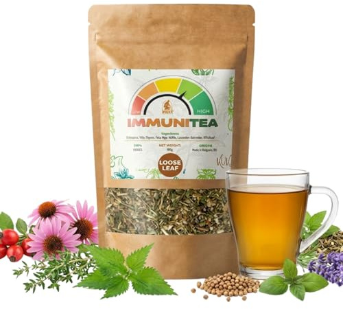 KUKER ImmuniTea Immune Support Tea 100g Loose Leaf – Herbal Immune Tea with Rose Hips, Nettle, Thyme & Wild Basil – Defence Tea for Daily Wellness – Decaffeinated Detox for Metabolism & Immune Support