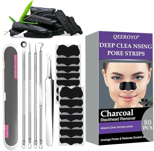 80Pcs Patch Point Noir, Point Noir Nez, Bandes Tire-Comédons au Charbon de Bambou, Éliminent l’Excès de Sébum et Débouchent les Pores, Élimination des Points Noirs, Convient à Toutes les Peaux