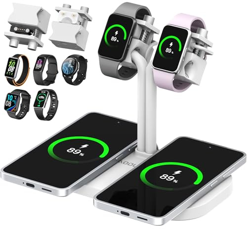 AODUKE 4 in 1 Dual Phone Wireless Charging Dock and Dual Smart Watch/Band Charger Stand for iPhone, for AirPods/Buds, for Samsung, for Galaxy Fit/Xiaomi Band/Amazfit Band/Fitbit Inspire HR(433-W)
