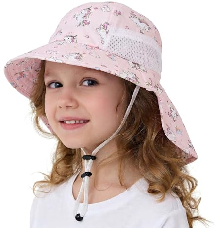 Zidoley Cappello da sole per bambini, protezione UV 50, cappello estivo leggero con tesa larga, rete traspirante e sottogola regolabile, cappello da spiaggia per ragazzi e ragazze (50-54 cm), unicorno