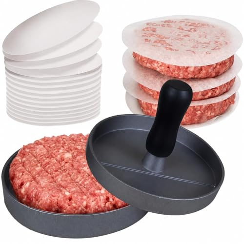 Burger Press with 100 Wax Paper Sheets, Non-Stick Hamburger Patty Maker, Meat Press for Beef Burgers, BBQ, Grilling, Baking & Stuffed Burgers