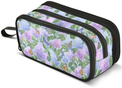 Mnsruu Lilac Butterfly Pencil Case Large Capacity Pen Pouch Pencil Bag with 3 Compartments Pen Holder Organizer Stationery Bag