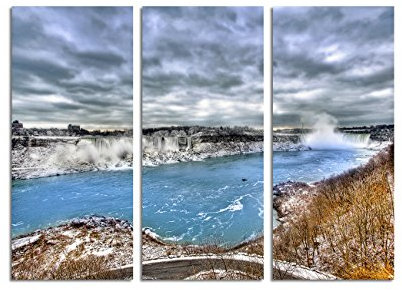 Paul Sinus Art 130x90cm – Keilrahmenbild Niagara Fälle Winter dramatisch 3teiliges Wandbild auf Leinwand und Keilrahmen - Fotobild Kunstdruck Artprint