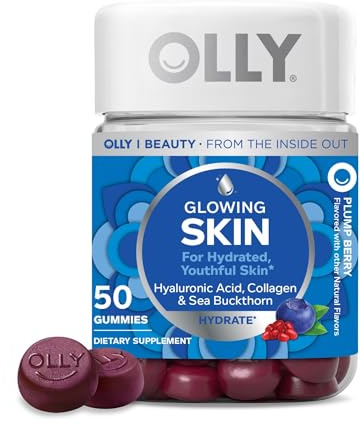 OLLY Glowing Skin Gummy, Hydrated & Youthful Skin,* Hyaluronic Acid, Collagen Peptides, Sea Buckthorn, Plump Berry Flavor, 25 Day Supply - 50 Count
