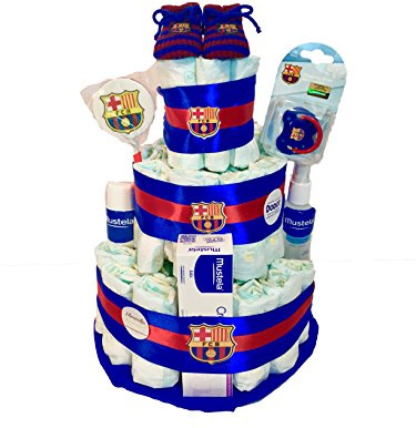 Tarta de pañales F.C.Barcelona MUSTELA (Talla 2 (3-6 kg)) by MomentosGourmet Añade tu dedicatoria personalizada. Regalo para bebé muy práctico. Cesta Canastilla recién nacido. Diaper Cake