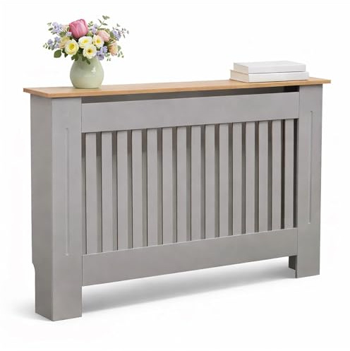 Oypla Medium Grey Wooden Slatted Grill Radiator Cover MDF Cabinet