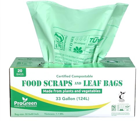 Compost Bags 33 Gallon Compostable Trash Bags, Extra Thick 1.1 Mil, Compost Kitchen Bin Bags, Food Scraps Yard Waste Bags, ASTM D6400 BPI & TÜV AUSTRIA Certified