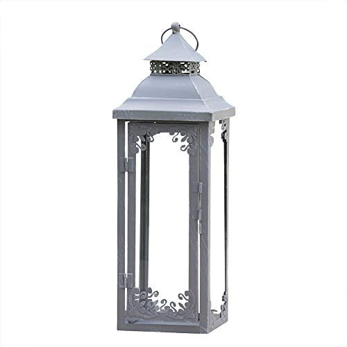 Grafelstein Brienne Deko Laterne - 40cm - Für Draußen und Drinnen - Aus Metall Mit Verzierten Echtglasfenstern - Grau