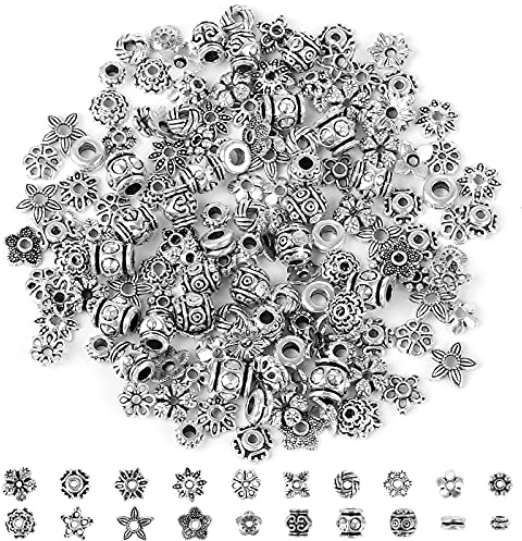 160 Stück Tibetische Perlen Silber Zwischenperlen Metallperlen zum Auffädeln Perlenkappen Spacer Perlen für Armbänder Schmuckherstellung Antike Bastelperlen DIY Schmuckzubehör mit Loch