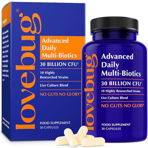 Lovebug Probiotics for Gut Health - 30 Billion CFU Formula with Prebiotic - 10 Strain Lactobacillus & Bifidobacterium Bio Culture Complex - Advanced Strength to Support Daily Gut Flora- 1 Month Supply
