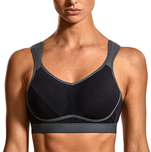 SYROKAN Damen Sport BH Starker Halt Große Brüste - Bequem Ohne Bügel Nicht Gepolstert Bustier Schwarz/Grau-1 70F