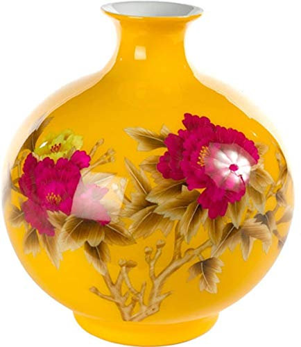 Fine Asianliving Vase Chinois Porcelaine Paille de blé Pivoine Jaune Fait Main D25xH29.5cm Chinois Vase avec Couvercle Asiatique Jingdezhen Mandarin Décorative