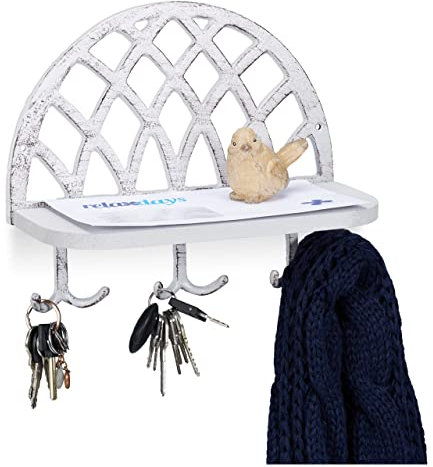 Relaxdays Mensola Portachiavi, Ripiani e Ganci, Vintage, in Ghisa e Legno, da Parete, HxLxP: 23x27x12 cm, Bianco Antico