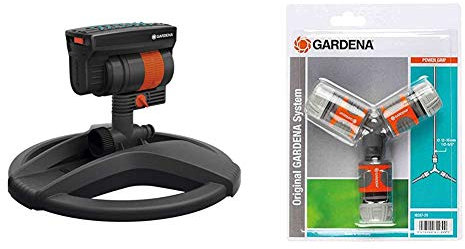 Gardena Viereckregner AquaZoom compact: Regner zur Bewässerung von Nutzflächen von 9-216 m² & Abzweig-Satz für 13 mm (1/2 Zoll)- und 15 mm (5/8 Zoll)-Wasserschläuche: Wasserdichter Abzweig-Verbinder