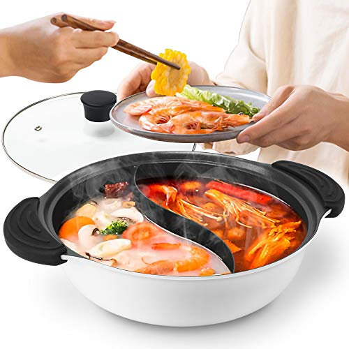 Hot Pot with Divider Non-Stick 5QT Double-flavor Shabu Shabu Pot for Induction Cooktop Dia 12.6'' Divided Stockpot for Cooking Two-flavor Cookware Enjoy with Your Family and Friends