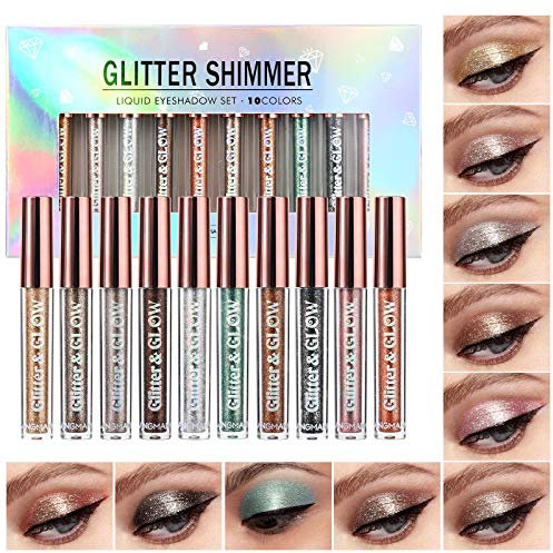 10 Pcs Liquid Glitter Eyeshadow Metallic Shimmer&Sweatproof Makeup Set, Matte Glitter Pressed All Highly Pigmented Blending Powder,Perfect For Every Woman & Girl (10pcs)