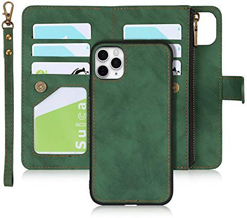 iCoverCase iPhone 11 Pro Max Wallet Case with Card Holder, 2 in 1 PU Leather Case with Magnetic Clasp Zipper Pocket Shockproof Detachable Flip Case with Wrist Strap for iPhone 11 Pro Max (Green)