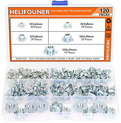 HELIFOUNER 120 Pieces M3 M4 M5 M6 M8 T Nuts Four Claw Nuts Assortment Kit for Wood, Rock Climbing Holds, Cabinetry