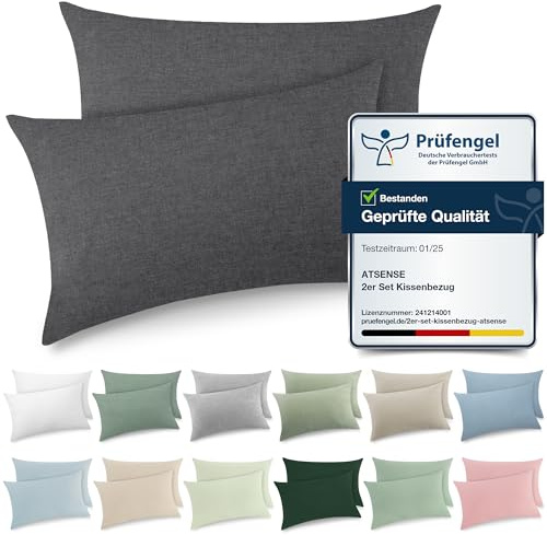 ATsense 2er Set Kissenbezug 40x80 cm - 100% Gewaschene Baumwolle, Dunkelgrau Kopfkissenbezug mit Reißverschluss, Oeko-TEX Zertifiziert Weich, Nicht Lleicht Verformbar