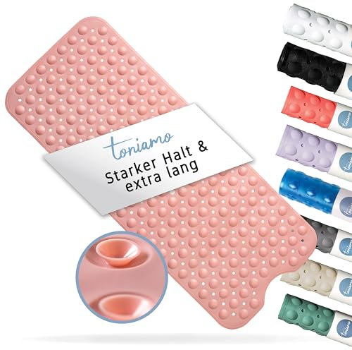 Toniamo Tappetino per vasca da bagno, antiscivolo, 100 x 40 cm, extra lungo, antiscivolo, per vasca da bagno, senza BPA, antibatterico e lavabile in lavatrice, tappetino antiscivolo, rosa