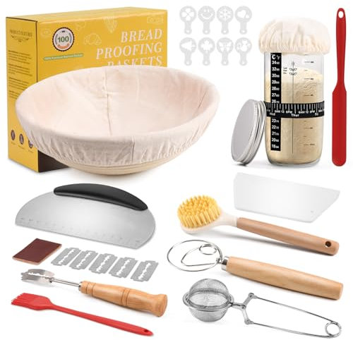 Clheatky Cestino Pane Lievitazione 11-pezzi, Set Lievitazione Pane Rattan 23cm Rotondo, Kit Completo di Lievito Madre, Grande Regalo per Principianti, Panettiere Esperto