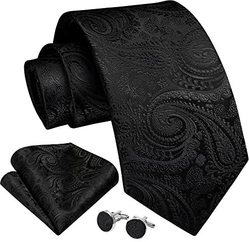 Enlision Herren Krawatte Seide Krawatte für Männer Krawatten & Einstecktuch Manschettenknöpfe Set Schwarz-P