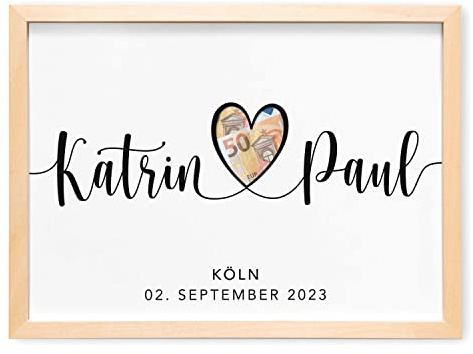 Geldgeschenk zur Hochzeit personalisiertes Bild für das Brautpaar | Personalisiert, Geldverpackung zur Hochzeit, mit Namen, Hochzeitsgeschenk, mit oder ohne Rahmen