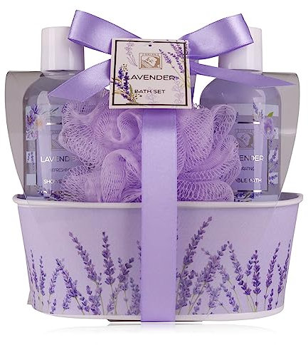 Accentra – Set doccia da donna LaVENDEL in bella scatola di metallo – Set di 4 pezzi con gel doccia, lozione per il corpo, bagnoschiuma e spugna a rete – Set regalo per compleanno, San Valentino