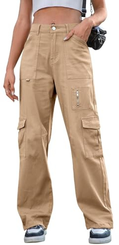 IVIR Cargo Pants Women High Waist Pants Baggy Drawstring Wide Leg Y2K Streetwear with 7 Pockets Khaki Small