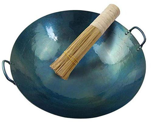 OQHAIR Wok in Ferro Wok Antiaderente con Manico Pentola in Ghisa Effetto Ferro Binaurale Pentole Wok Non Rivestito Stufe a Gas Sicure Stufe a Gas Wok Sicuro 55CM (55cm)