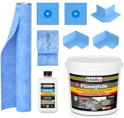 Isolbau Dichtset - Inkl. 1x Flüssigfolie (5,5 kg), 1x IsoGrund (1 L), 1x Dichtband (5 m), 1x Dichtbahn (1 m), 2x Innenecken, 1x Außenecken & 2x Manschetten - MPA