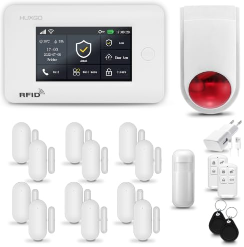 HUXGO® HXA006 Funk Alarmanlage Set WiFi + GSM mit Alarmsirene | Alarm System mit Bewegungsmelder, 12x Fensteralarm/Türsensoren | Alarmanlage fürs Haus, Wohnung | Smart Home