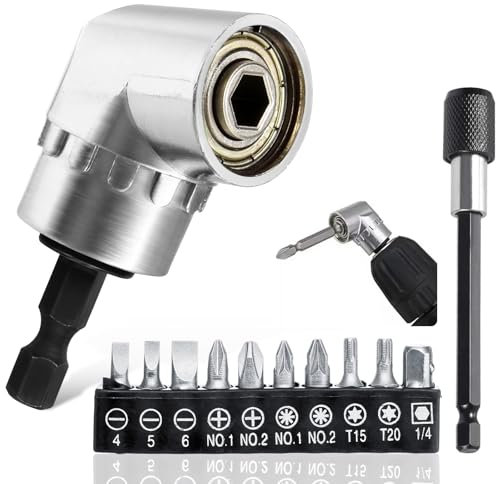 Vakki 12 Pack 105 Degree Right Angle Drill Attachment with 10cm Magnetic Extension Bit Holder and 10 Screwdriver Bits Set, 1/4-inch Hex Bit Socket Screwdriver Holder Adaptor for Tight Corner Workspace