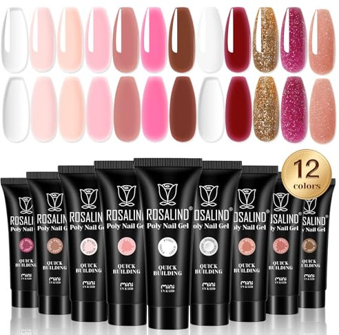ROSALIND Poligel per Unghie, UV LED Quick Extension per Principiante, Professionale e Salone, 12 Colori 10 ml Nail Art Set