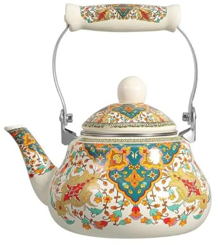 RSBFER Tetera esmaltada, Tetera esmaltada de Porcelana de 1,5 l, Tetera Floral Vintage con Mango frío, sin silbido para Preparar té y café,B