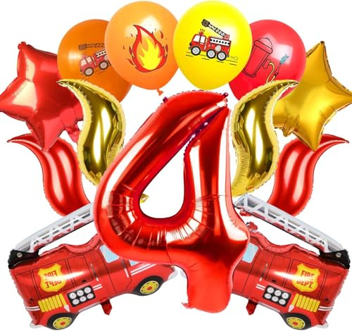 Feuerwehrauto 4 Geburtstag Luftballon, 21 Stück Kindergeburtstag Feuerwehrauto Deko, Feuerwehrauto Folienballon Feuerwehr Geburtstag Deko 4 Jahre, Luftballons Feuerwehr für Kinder Geburtstag Deko