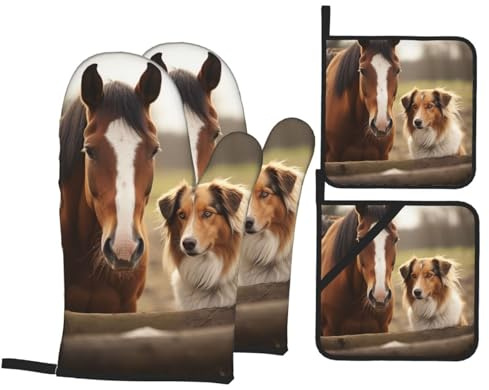 Ofenhandschuhe und Topflappen, Set mit 4 Ofenhandschuhen, Collie, Hund, Pferd, Ofenhandschuh zum Kochen, rutschfeste Handschuhe, waschbare Topflappen