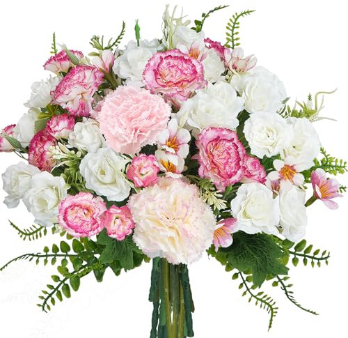Luabue Bouquet di Fiori Artificiali Garofani Rosa e Rose Bianche con Ortensie Acquatiche e Felci Fiori Artificiali Decorativi Fiori Finti per Matrimonio San Valentino Festa Della Mamma