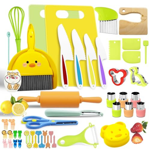 KIMIGO 49 Stück Kindermesser Set,Kinder-Küchenmesser-Set,Kinder Küchenmesser Set Zum Schneiden und Kochen von Obst Oder Gemüse für Kleinkinder,Montessori Messer mit Schneidebrett,Wellenschneider