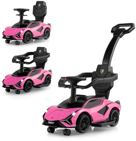 DREAMADE 3-in-1 Rutschauto Lamborghini, Rutschfahrzeug mit Schiebestange, Musik, Lichter & Sicherheitsbügel, Schiebauto für Kinder 18-60 Monate, belastbar bis 25kg (Rosa)