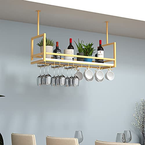 DOUYRN Portabottiglie in Metallo con corrimano e portabicchieri sospeso, Elegante portabottiglie in Legno per Bar, caffetteria o Cucina, Organizer per conservare Il Vino a Parete (Oro 80