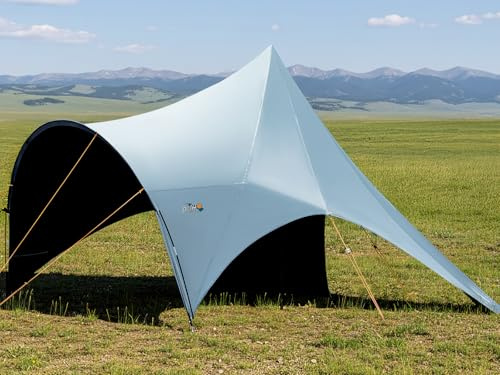 Large Blackout Camping Tarp with Poles Waterproof Shade Canopy Tent Tarp Sun Shade Shelter for Outdoor Camping Backyard Picnic - Included Guy Lines & Luminous Tent Stakes, Gray